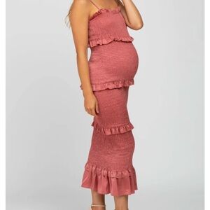 Mauve Satin Smocked Fitted Maternity Midi Dress